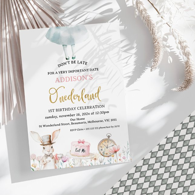 Floral Alice in Onederland 1st Birthday  Invitation (Alice Onederland 1st Birhday Invitation baby Girl Invitation, Girls Onederland 1st Birthday Invite)