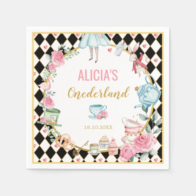 Floral Alice in Wonderland Mad Tea Party Birthday Napkin (Front)