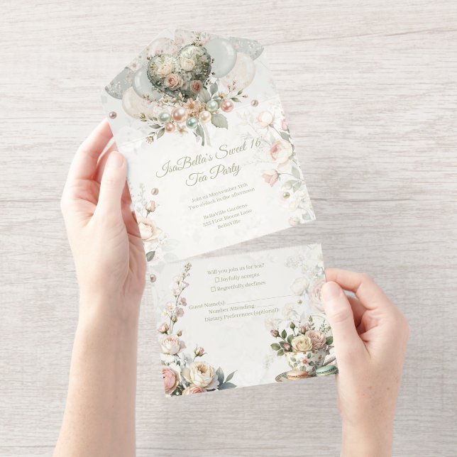 Floral All-in-One Tea Party Invitation with RSVP  (Tearaway)