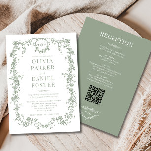 Floral All in One Victorian Sage Green Wedding Invitation