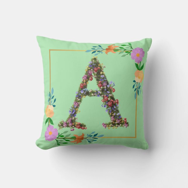 Floral Alphabet Letter A Throw Pillow (Front)
