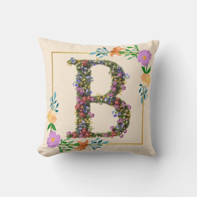 Floral Alphabet Letter B Throw Pillow (Front)