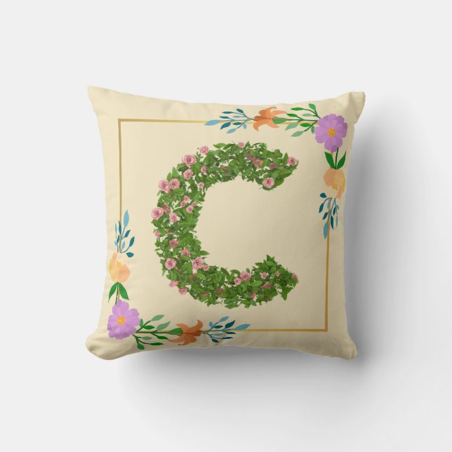 Floral Alphabet Letter C Throw Pillow (Front)