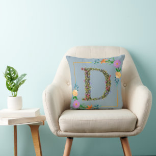 Floral Alphabet Letter D Throw Pillow