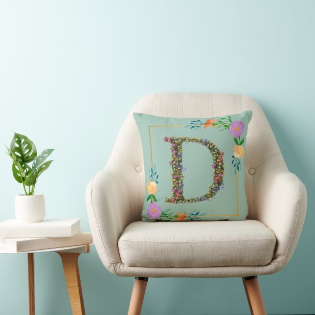 Floral Alphabet Letter D Throw Pillow (Chair)
