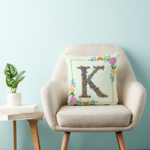Floral Alphabet Letter K Throw Pillow