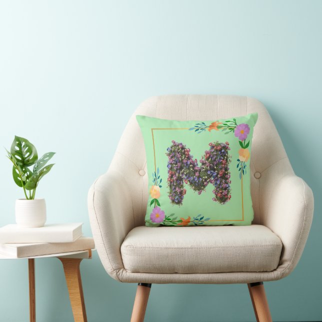 Floral Alphabet Letter M Throw Pillow (Chair)