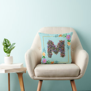 Floral Alphabet Letter M Throw Pillow