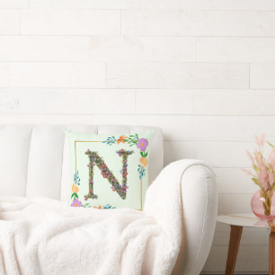 Floral Alphabet Letter N Throw Pillow