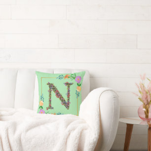 Floral Alphabet Letter N Throw Pillow