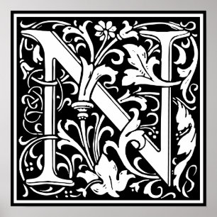 Floral Alphabet Monogram Letter N Tile Morris Poster
