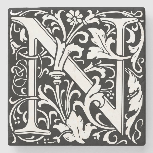 Floral Alphabet Monogram Letter N Tile Morris Stone Coaster (Front)