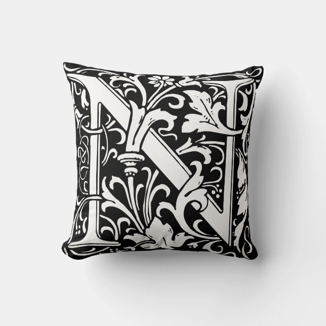 Floral Alphabet Monogram Letter N Tile Morris Throw Pillow (Front)
