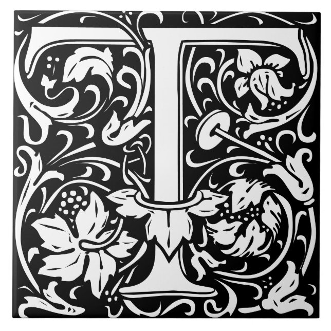 Floral Alphabet Monogram Letter T Tile (Front)