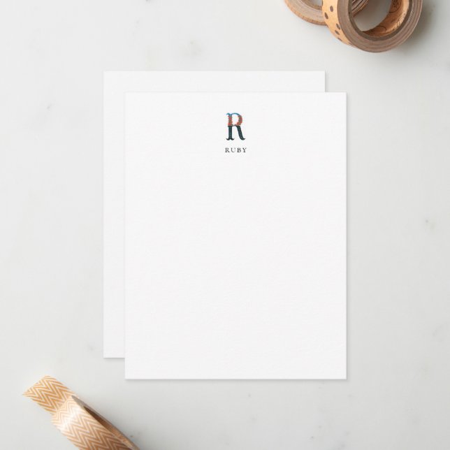 Floral Alphabet - R -  Stationery Note Card (Front/Back In Situ)