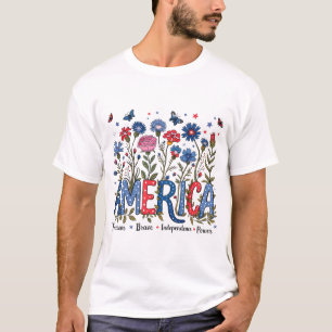 Floral America 4th of July Patriotic Typography T-Shirt