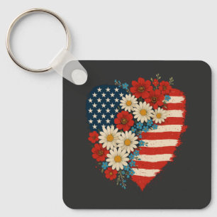 Floral American Flag Heart 4th of July USA  Keychain