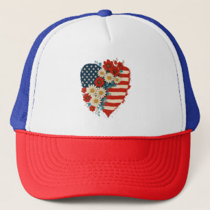 Floral American Flag Heart 4th of July USA Trucker Hat