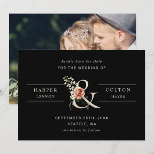Floral Ampersand Elegant Wedding Black Photo Save The Date