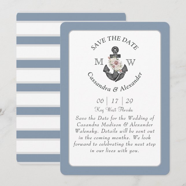 Floral Anchor Dusty Blue White Nautical Wedding  Invitation (Front/Back)
