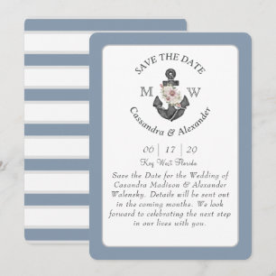 Floral Anchor Dusty Blue White Nautical Wedding  Invitation