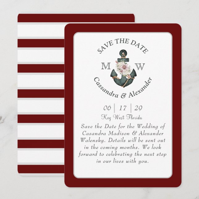 Floral Anchor Maroon Rust Red Nautical Wedding  Invitation (Front/Back)