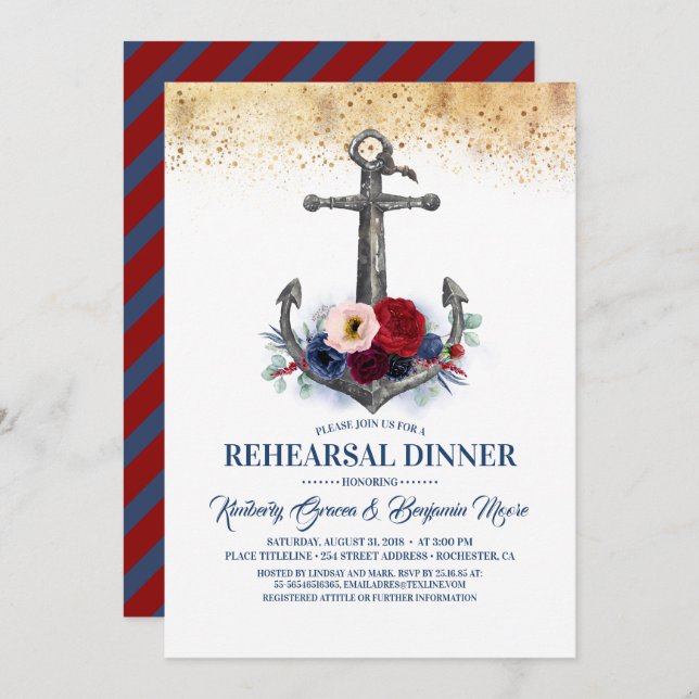 Floral Anchor Nautical Rehearsal Dinner Invitation (Front/Back)