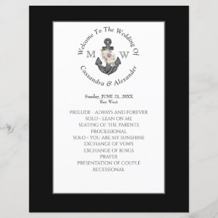 Floral Anchor Nautical Wedding Black White Program
