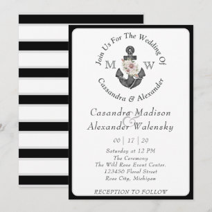 Floral Anchor Nautical Wedding Black White Stripe Invitation