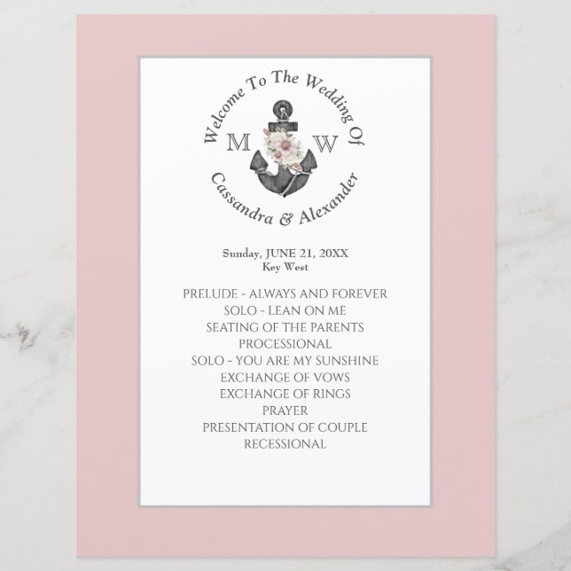 Floral Anchor Nautical Wedding Dusty Rose program (Front)