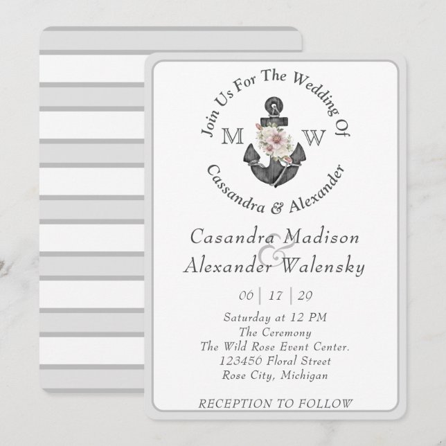 Floral Anchor Nautical Wedding Silver Grey Stripe Invitation (Front/Back)