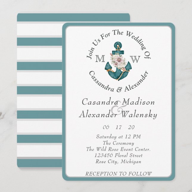 Floral Anchor Nautical Wedding Teal Aqua Blue  Invitation (Front/Back)