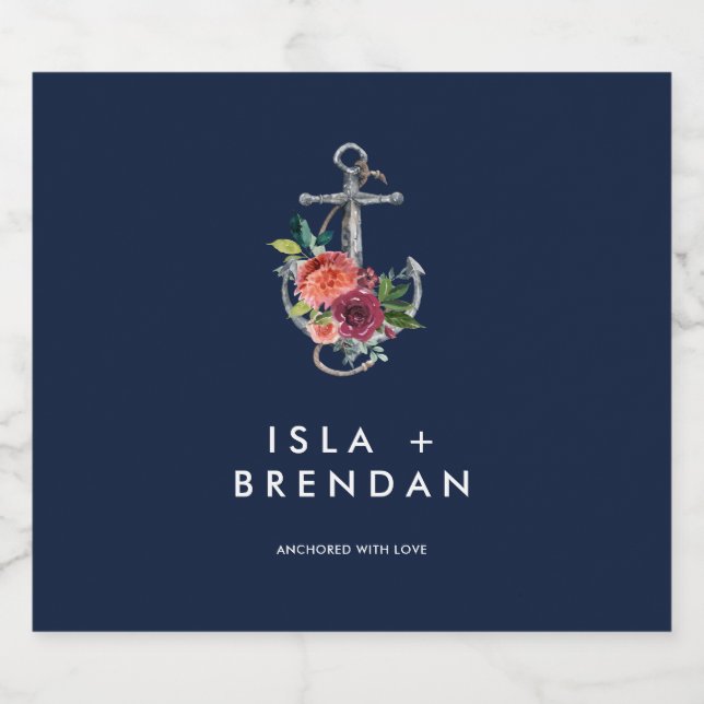 Floral Anchor | Navy Autumn Anchored with Love Liquor Bottle Label (Single Label)