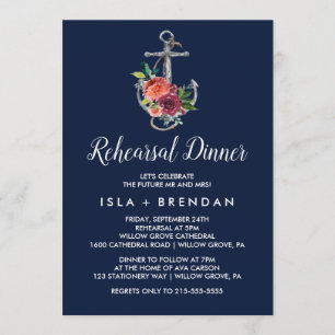 Floral Anchor   Navy Autumn Rehearsal Dinner Invitation