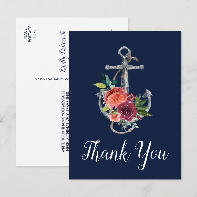 Floral Anchor | Navy Autumn Thank You Postcard (Front/Back)
