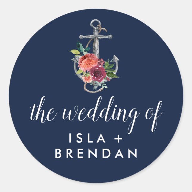 Floral Anchor Navy Autumn The Wedding Of Classic Round Sticker (Front)
