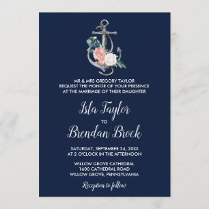 Floral Anchor   Navy Summer Formal Wedding Invitation