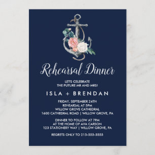 Floral Anchor   Navy Summer Rehearsal Dinner Invitation