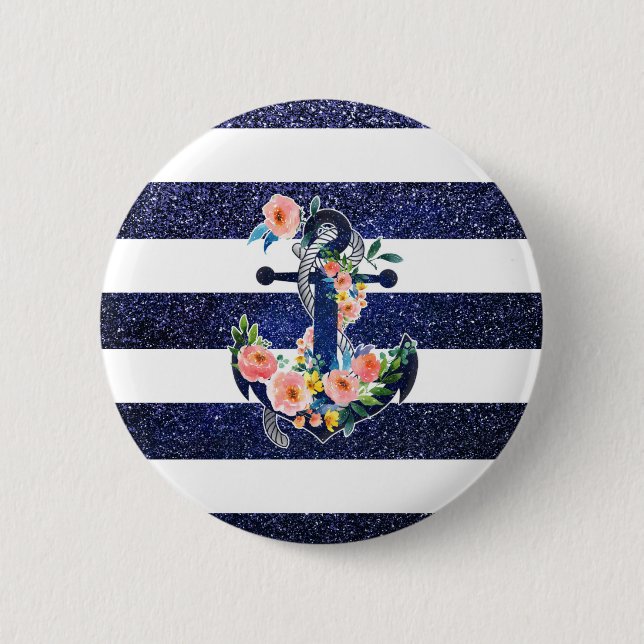 Floral anchor on striped background 2 inch round button (Front)