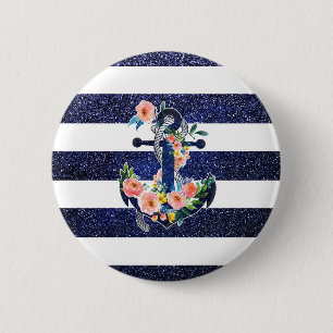 Floral anchor on striped background 2 inch round button