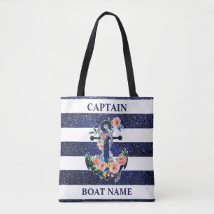 Floral anchor on striped background tote bag