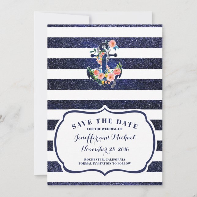 Floral anchor on striped save the date invitation (Front)