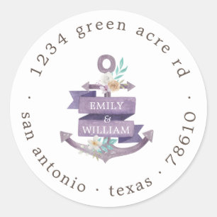floral anchor purple monogram return address classic round sticker