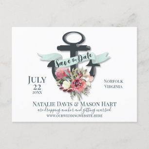 Floral Anchor Ribbon Banner Nautical Save the Date Announcement Postcard