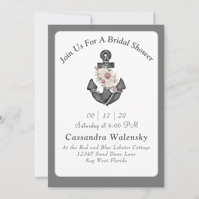 Floral Anchor White Silver Grey Nautical Wedding  Invitation (Front)