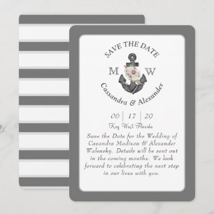 Floral Anchor White Silver Grey Nautical Wedding Invitation