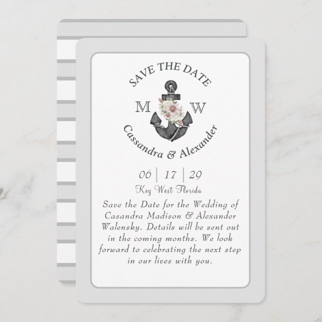 Floral Anchor White Silver Grey Nautical Wedding  Invitation (Front/Back)