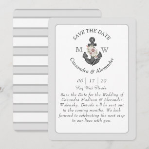 Floral Anchor White Silver Grey Nautical Wedding  Invitation
