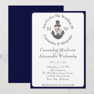 Floral Anchor with Rope Beach Wedding Navy Blue Invitation