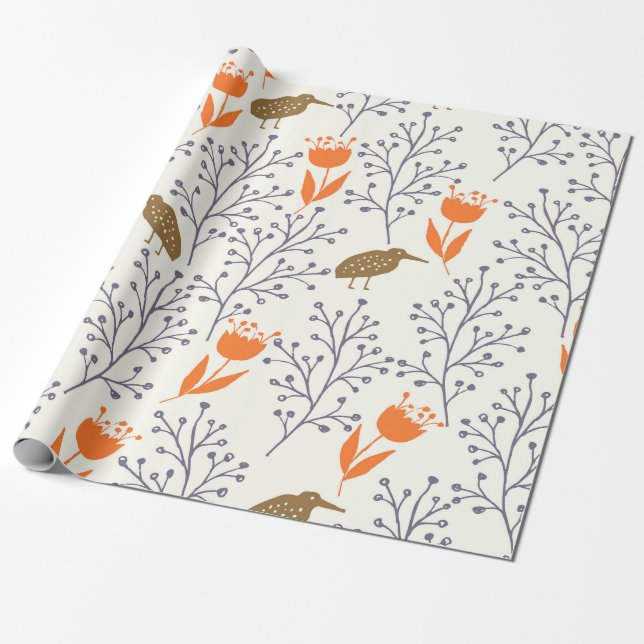 Floral and Bird Pattern Nature Inspired Wrapping Paper (Unrolled)